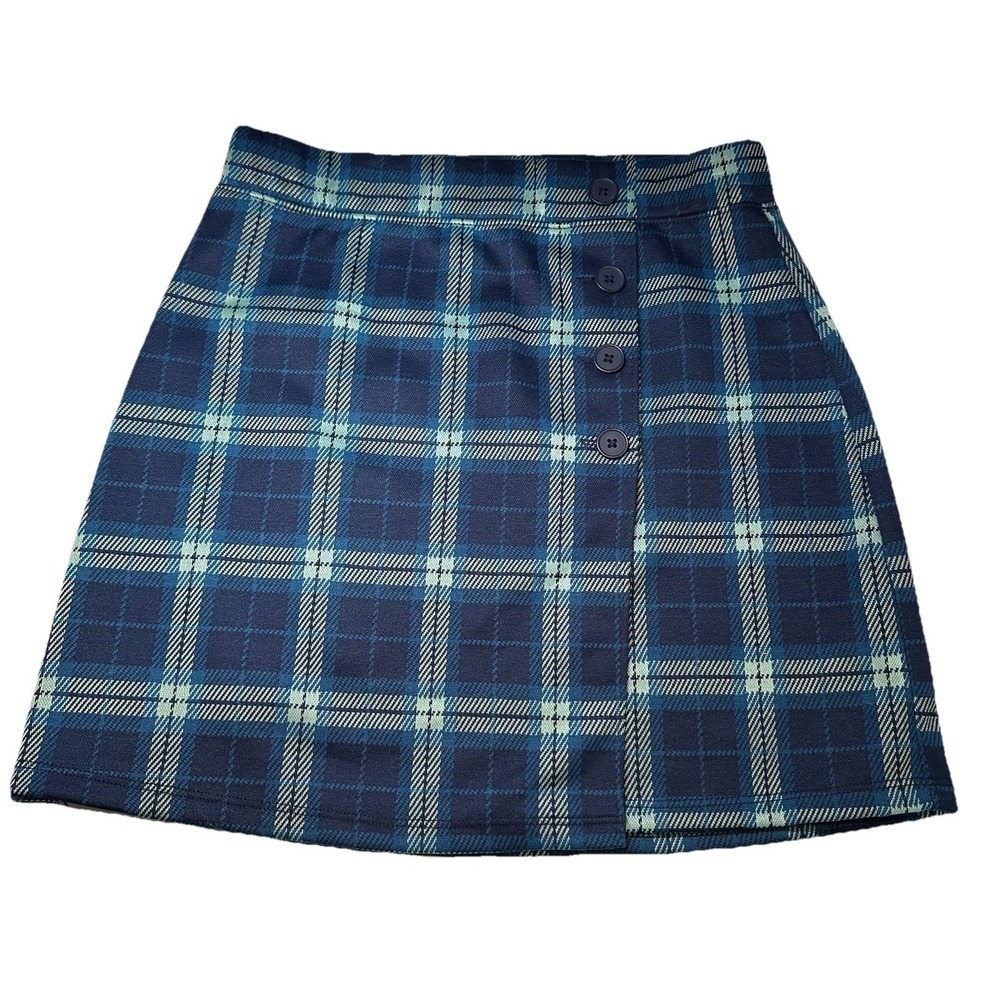 SO Good For Life Mini Skirt Women's Size XS Teal Plaid Buttons Pull On Stretch
